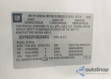 2008 Cadillac Escalade Ext Standard из США, поврежденный, VIN 3GYFK62818G204883